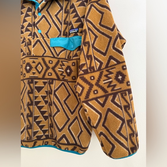 Patagonia Brown Tan Fleece Jacket Blue Trim Aztec Men’s Size S Women’s Medium - Picture 3 of 8
